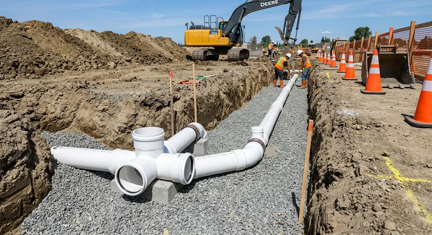 New PVC sewer pipe installation in open trench for Commercial Drain Cleaning in Rocky Mount